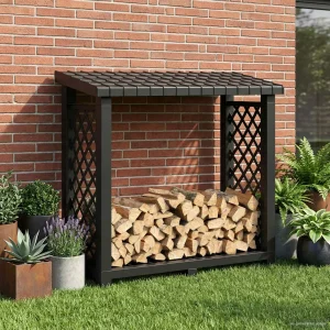 Abri à bûches avec toit 114 x 46 x 101 cm anthracite résine – mise en situation
