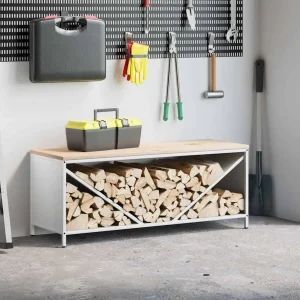 Banc range-bûches 100,5 x 35,5 x 40 cm acier et plateau pin – vue principale