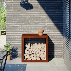 Range-bûches cube ouvert acier extérieur – vue principale