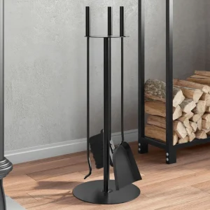 Serviteur de cheminée 4 pièces socle rond 59 cm noir acier – vue principale